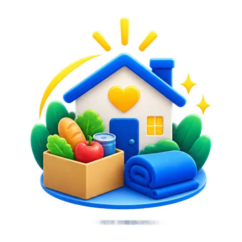 A house with food and blankets for shelter support