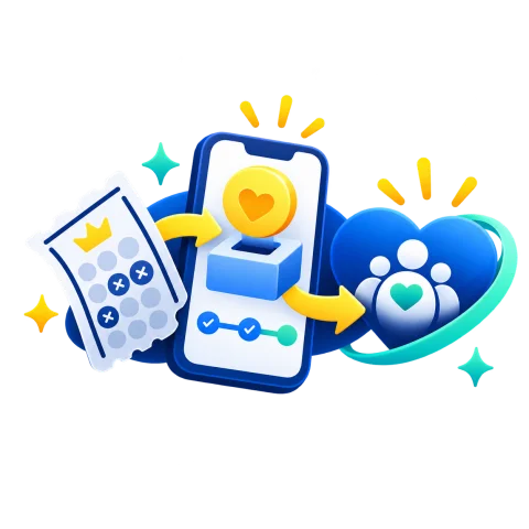 A lottery ticket moving through a phone into community support