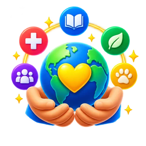 Hands supporting a globe surrounded by charitable causes
