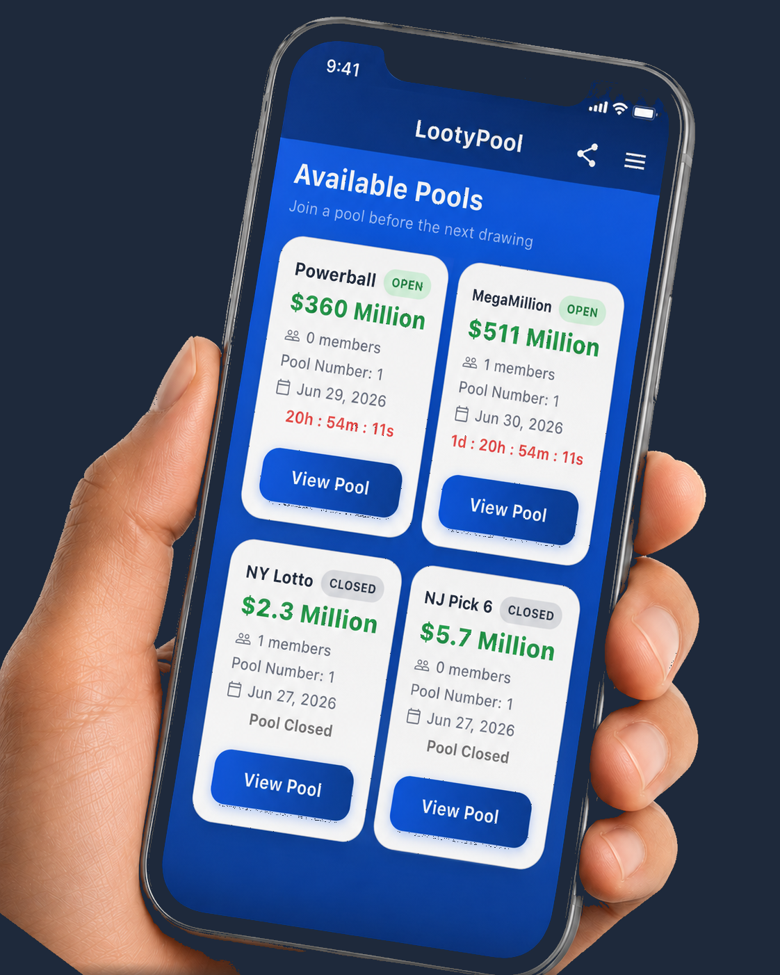 Looty Pool app shown on an iPhone